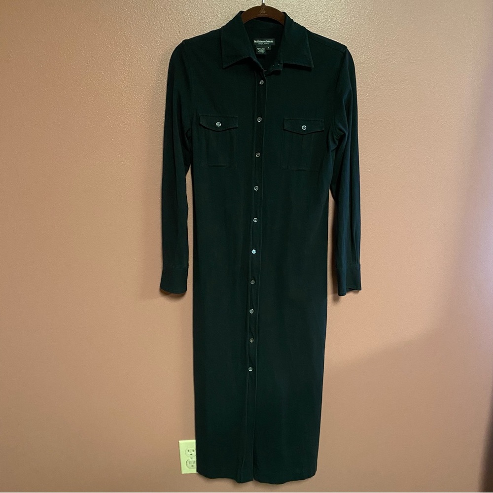 The J. Peterman Company black button up shirt dress midi length size 4 no belt